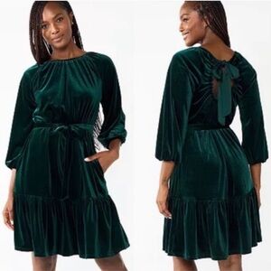 Draper James Velvet Green Long Sleeve Bow Back Dress